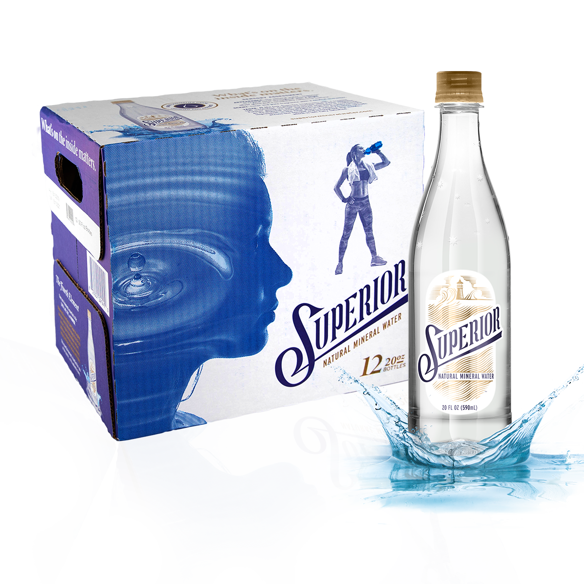 Image of the Superior Natural Mineral Water products - 20 oz. single bottle and 12 pack box of 20 oz bottles.